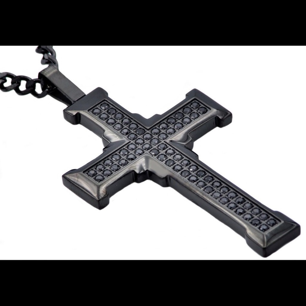 Black IcedOut Cross Pendant Stainless Steel Chain